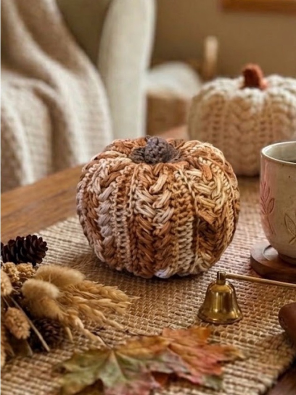 Handmade Cream & Brown Crochet Cotton 3x5inches Pumpkin Decoration - Home Art